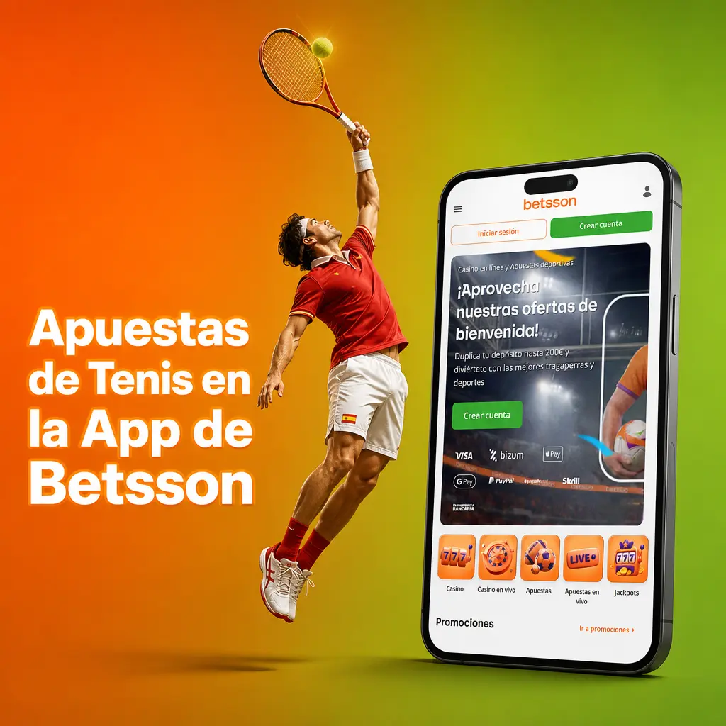 Apuestas de tenis en la app de Betsson: pestañas pre-partido y en directo, notificaciones y buscador de torneos o jugadores.