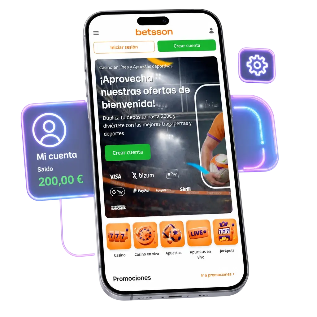 Perfil de usuario en la app de Betsson mostrando saldo, historial de transacciones y datos personales editables