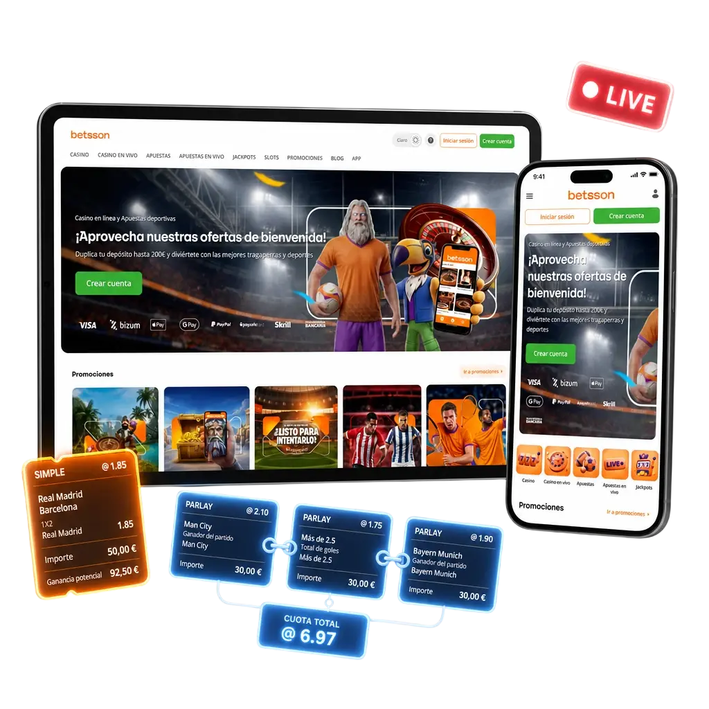 Tipos de apuestas en Betsson: ganador, hándicap, totales, combinadas, teasers, props, futuros y apuestas en vivo