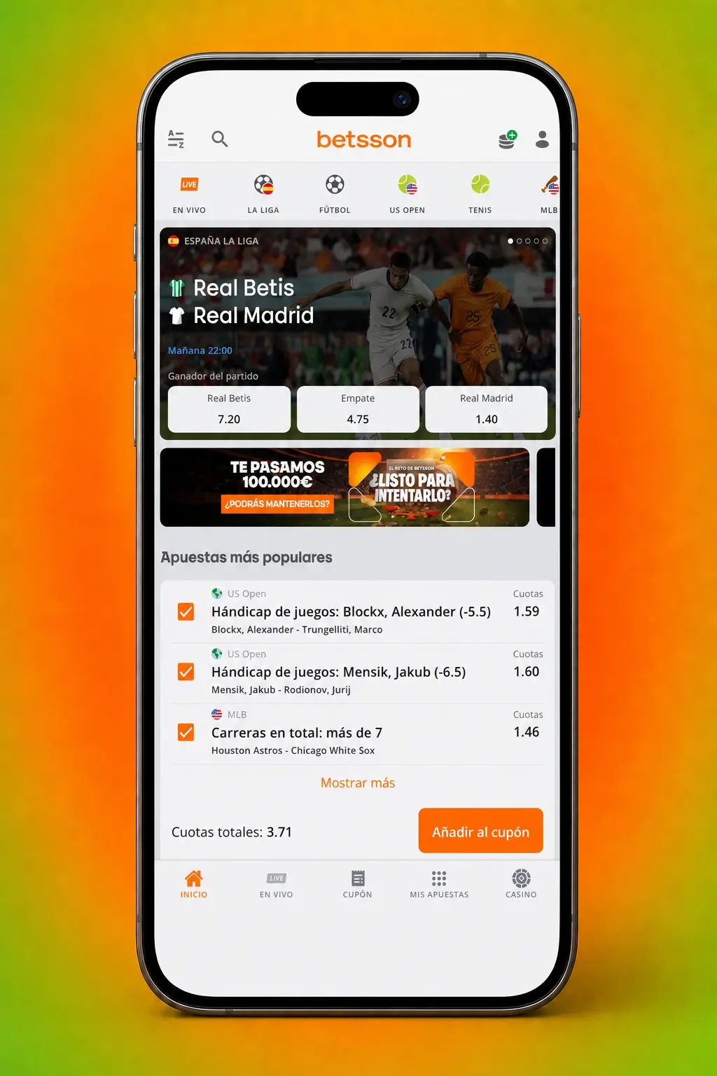 Pasos para apostar al tenis en Betsson: regístrate, deposita, elige el partido y confirma la apuesta con las cuotas disponibles.