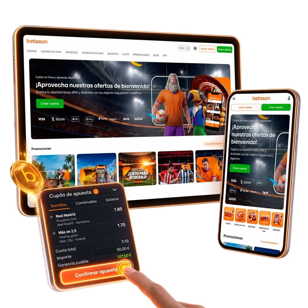 Guía visual de cómo hacer una apuesta en Betsson: elige evento, mercado, cuota e importe antes de confirmar el boleto.