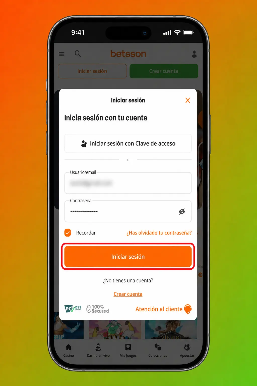 Pasos para iniciar sesión en la app de Betsson: descarga, acceso con correo o biometría y panel de cuenta.