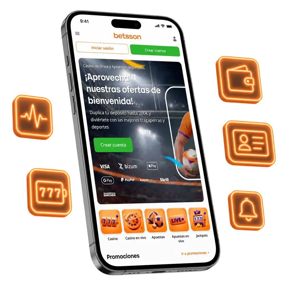 Interfaz de la app de Betsson con apuestas deportivas en directo, catálogo de casino y menú de perfil accesible.