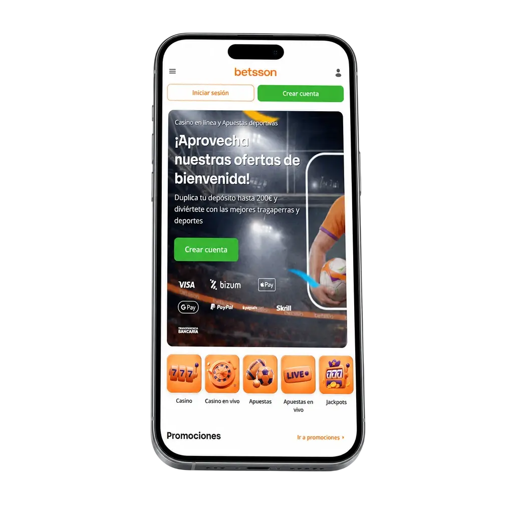 Pasos para crear una cuenta en la app de Betsson: pulsar "Crear Cuenta", verificar datos y activar el perfil por correo.