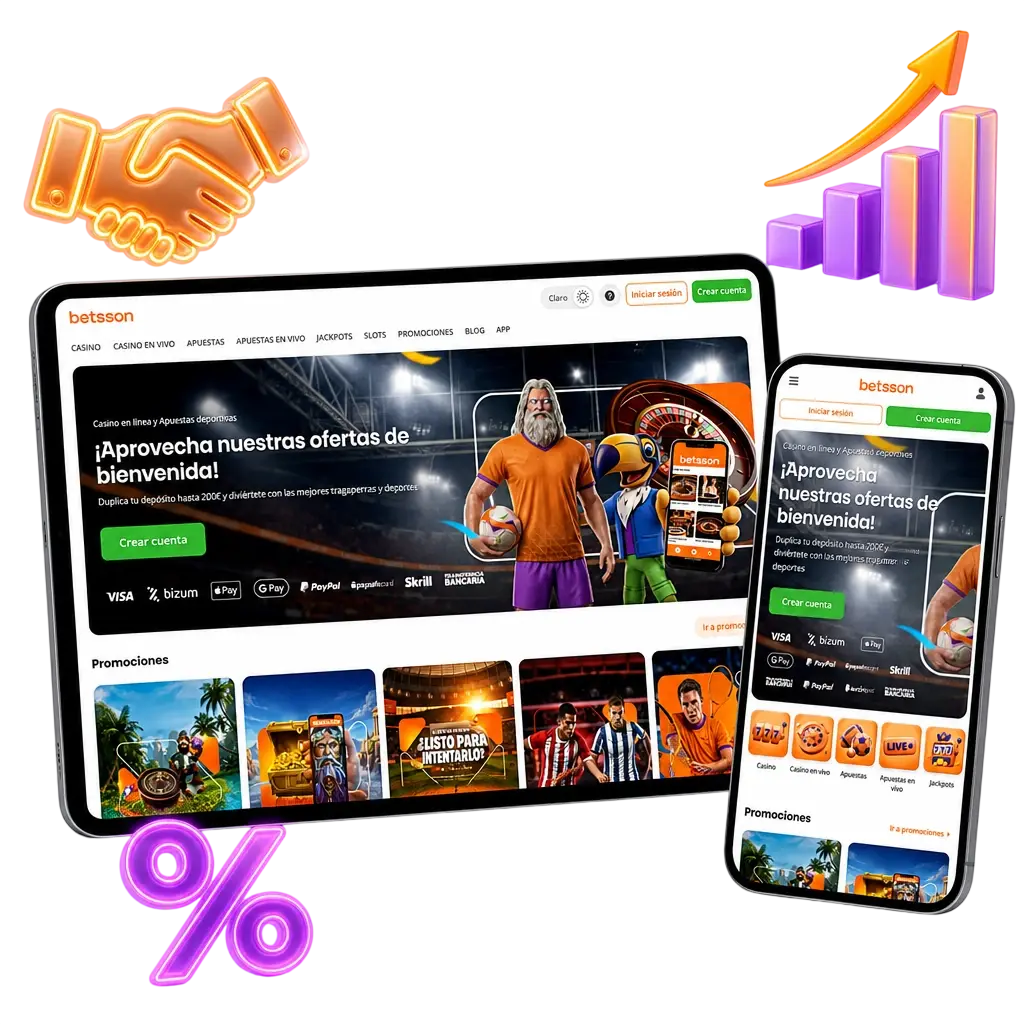 Panel del Programa de Afiliados de Betsson mostrando comisiones, clics y registros para promocionar apuestas y casino.